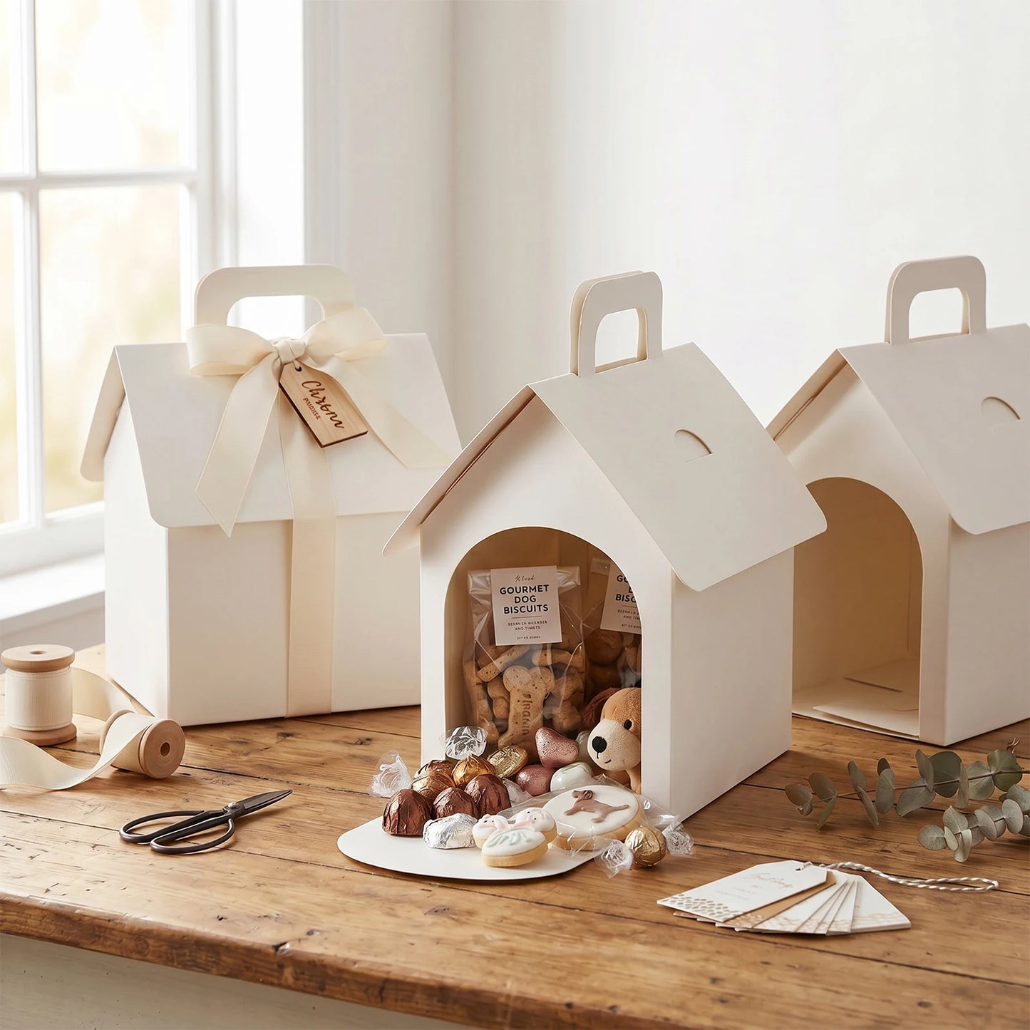 10Pcs White Dog House Shaped Treat Gift Boxes Party Favor DIY Foldable with Handle for Puppy Pet Adoption Kid DIY Crafting Pet