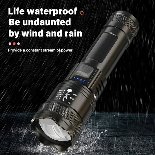 Tactical LED Flashlight USB Charging High Power Zoom Lantern with Display Light for Camping Fishing Emergency Use