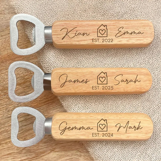 Personalized Housewarming Bottle Opener Corkscrew Engraved Wood Couple's Gift Wedding Birthday Bachelor Party Home Table Decor