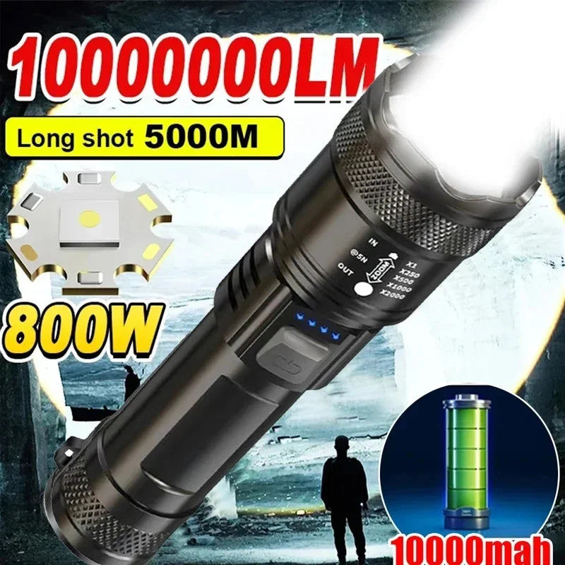 Tactical LED Flashlight USB Charging High Power Zoom Lantern with Display Light for Camping Fishing Emergency Use