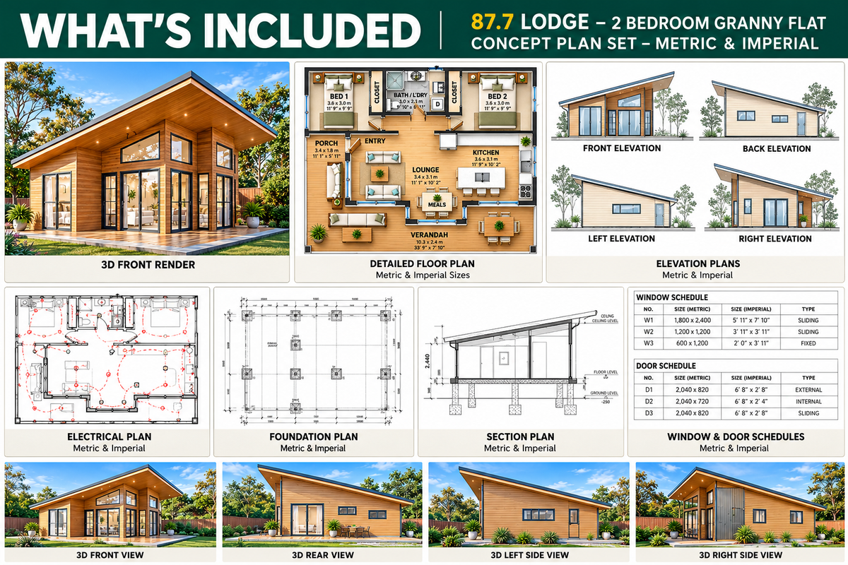 87.7LH Lodge – 2 Bedroom Skillion Roof Granny Flat Plans | Build Cost Planning Pack