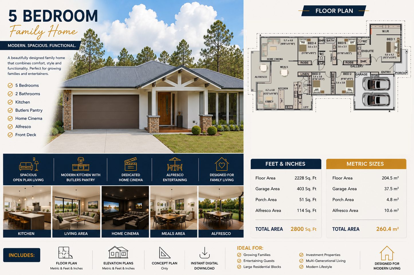 Country Style 5 Bedroom House Plans | 260.4 Blue Haven Ranch | 2800 Sq Ft | 260.4 m²