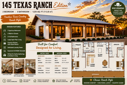 145 Texas Ranch Edition – 2 Bedroom Country Ranch House Plan