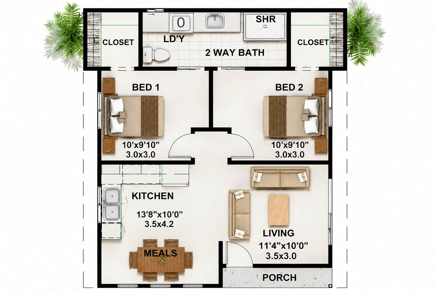 Plan 59.6 – The Cove Modern 2 Bedroom Granny Flat Design | Small Home Plan | 61.6 m²