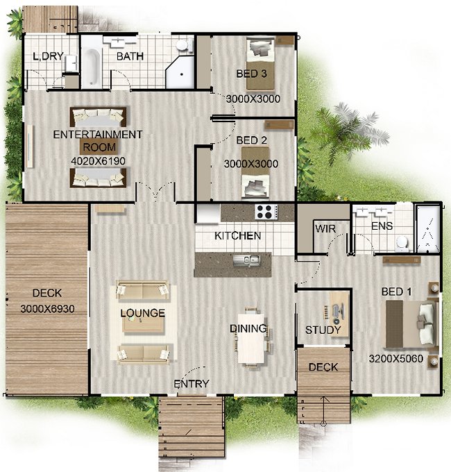 3 Bed Room + Study House Plan