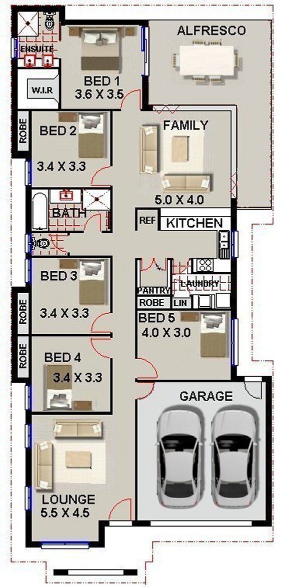  5  Bed Room  House  Plan  Narrow Block Design Australian  